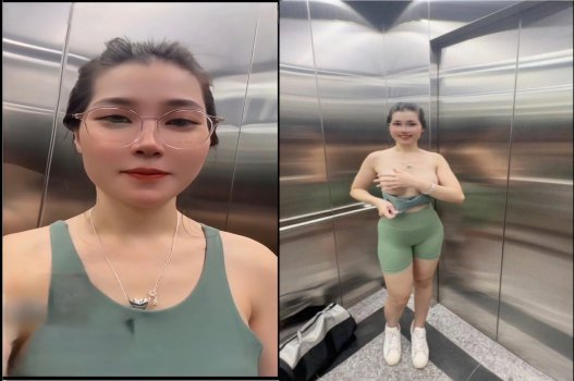 Lan Anh ngậm kẹo to dài trong thang máy
